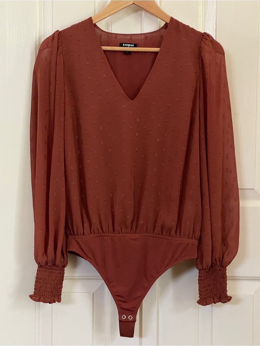 EXPRESS Terracotta Brown Clip Dot V-Neck Mesh Sleeve Snap Closure Bodysuit